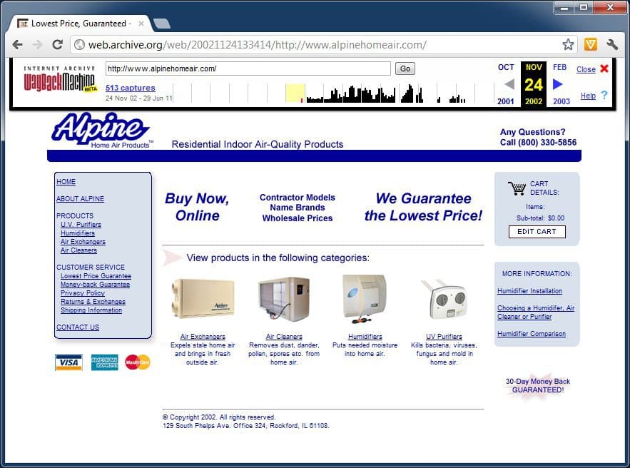 Alpine Home Air's website in 2002